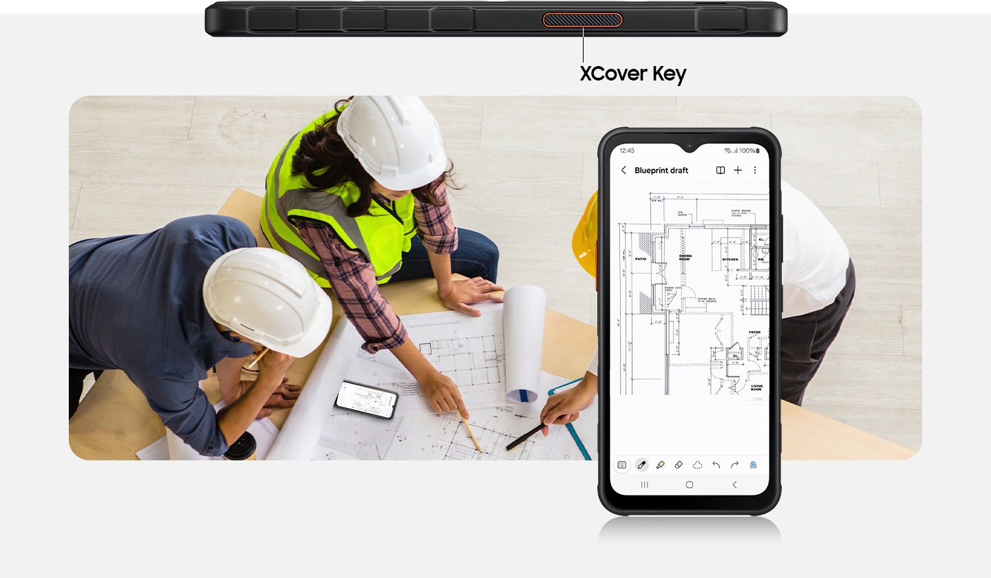 At the top, the side view of the Galaxy XCover7 is shown, highlighting the XCover Key in orange. Below are three architects working on a blueprint, which is also shown on-screen on a Galaxy XCover7 device that is shown in the right-side foreground.