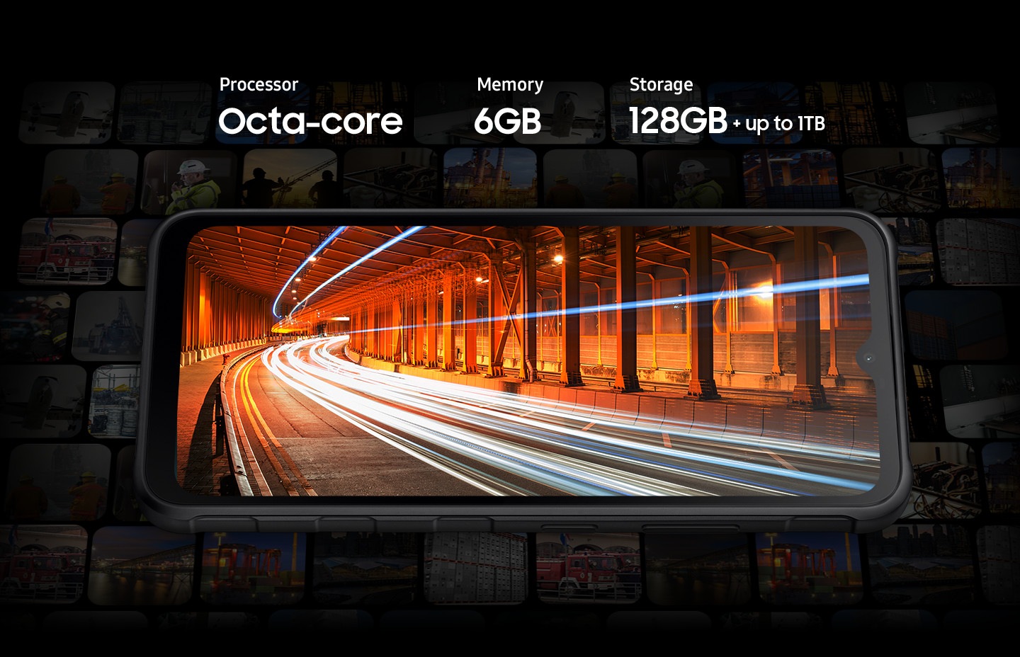 A front view of Galaxy XCover7 featuring an illustration of light streaming through a tunnel to showcase its fast processing power. Processor Octa-core. Memory 6GB. Storage 128GB plus up to 1TB.