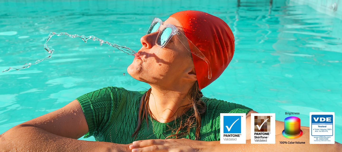 A woman is spitting out water in the pool. All the colors in the image become vivid as the brightness level increases.