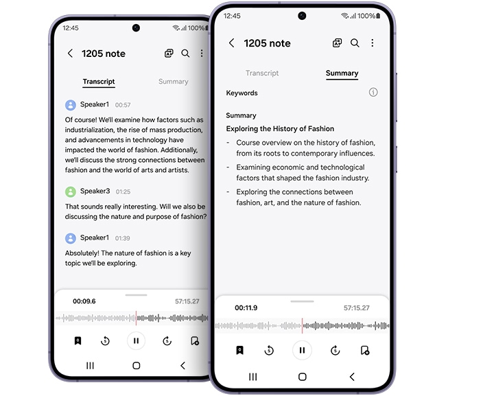 Two Galaxy S24 series devices. The screen of one shows a transcript of dialogue in a voice recording with time markers alongside different speakers. The screen of the other device shows an outlined summary of the dialogue from the other device.