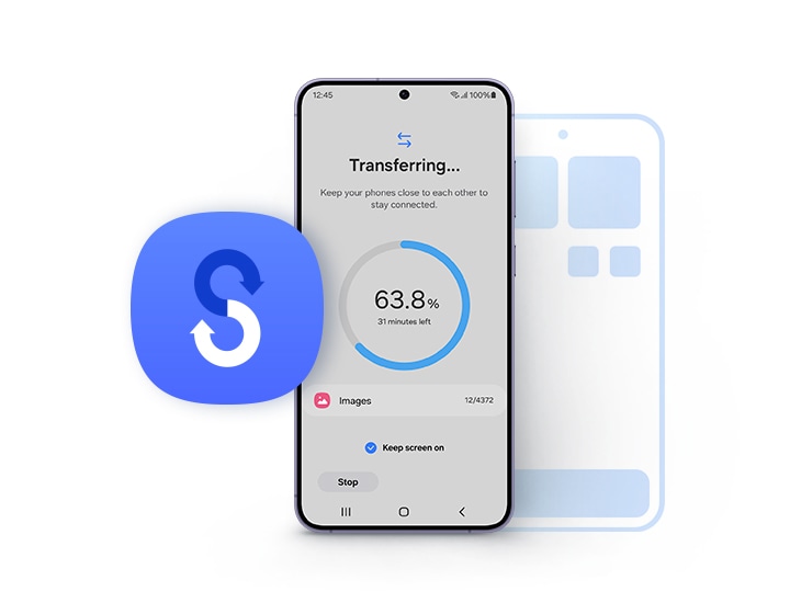 The display of Galaxy S24 plus shows the progress bar of a Smart Switch data transfer from a non-Galaxy device.