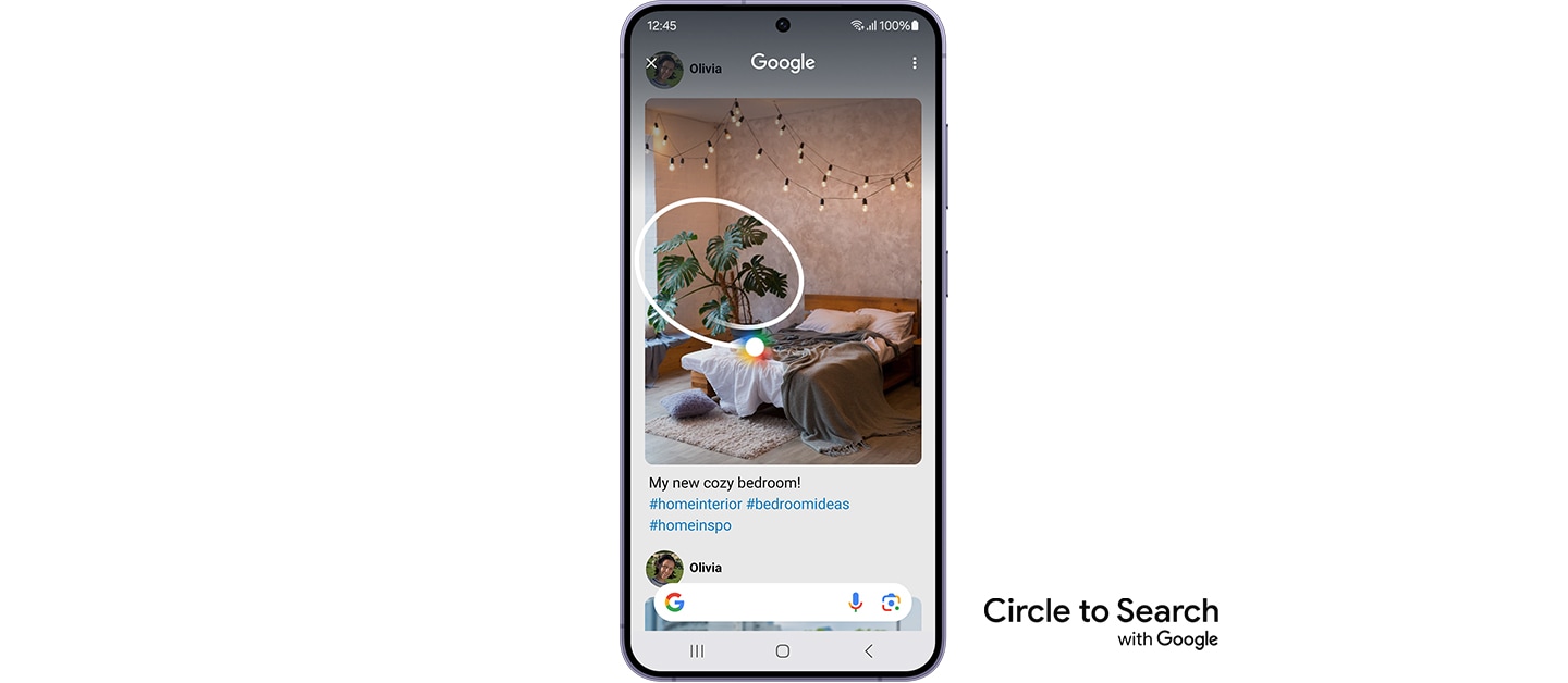 A circle is traced around a plant seen in a social media image post. A Google search bar is shown at the bottom of the screen. Circle to Search with Google.