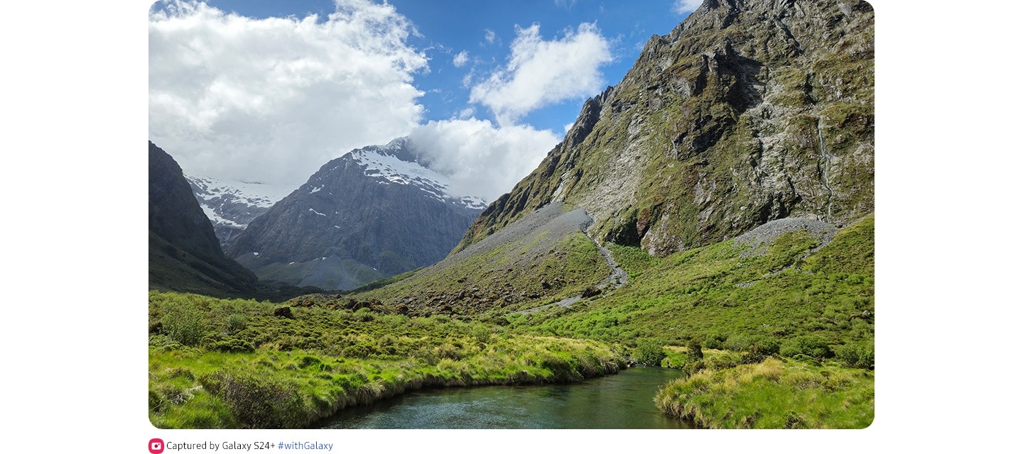 A vibrant 50 megapixel landscape photo of a river valley. Captured by Galaxy S24 plus hashtag with Galaxy.