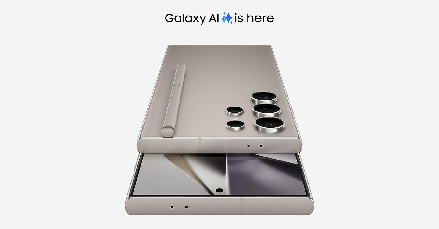 Galaxy AI está aquí. Dos teléfonos Galaxy S24 Ultra en Gris Titanio. Uno se ve desde atrás con su S Pen incorporado en la parte superior. El otro se ve de frente.