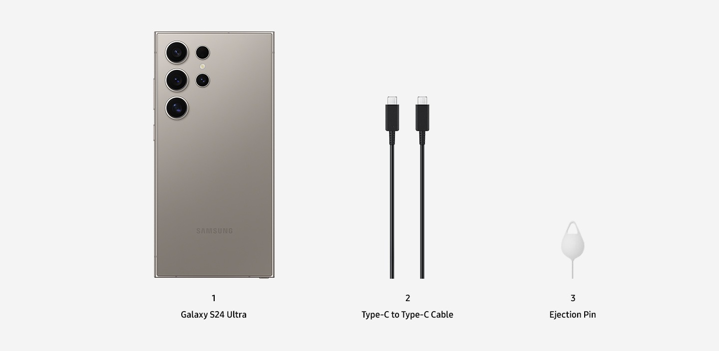 Incluye Galaxy S24 Ultra, cable tipo C a tipo C y pin de expulsión.
