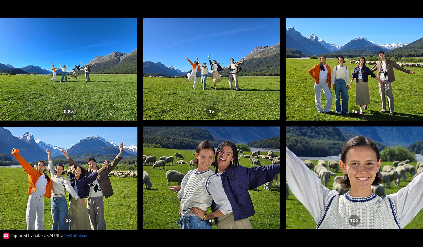 Los individuos posan en un campo abierto con un fondo montañoso. Se toman seis fotografías comenzando con un zoom de 0,6x, luego con un zoom de 1x, 2x, 3x, 5x y 10, desde un paisaje colorido hasta un primer plano detallado. Capturado por el hashtag Galaxy S24 Ultra con Galaxy.