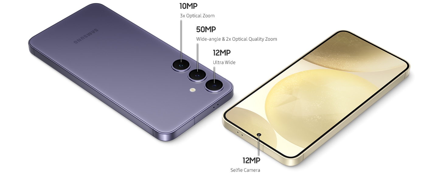 El diagrama muestra la ubicación de las cámaras Galaxy S24 y S24 plus. Cámaras traseras: Zoom Óptico 3x de 10 megapíxeles. Gran Angular de 50 megapíxeles y Zoom de Calidad Óptica 2x. Ultra gran angular de 12 megapíxeles. Cámara frontal: Cámara Selfie de 12 megapíxeles.