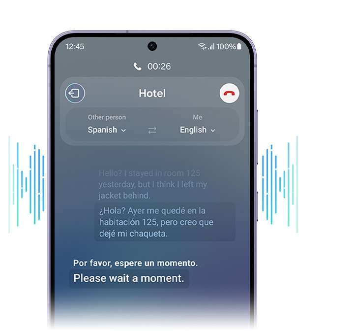 Una llamada telefónica se interpreta en tiempo real. El diálogo se muestra en pantalla como una conversación de texto en dos idiomas.