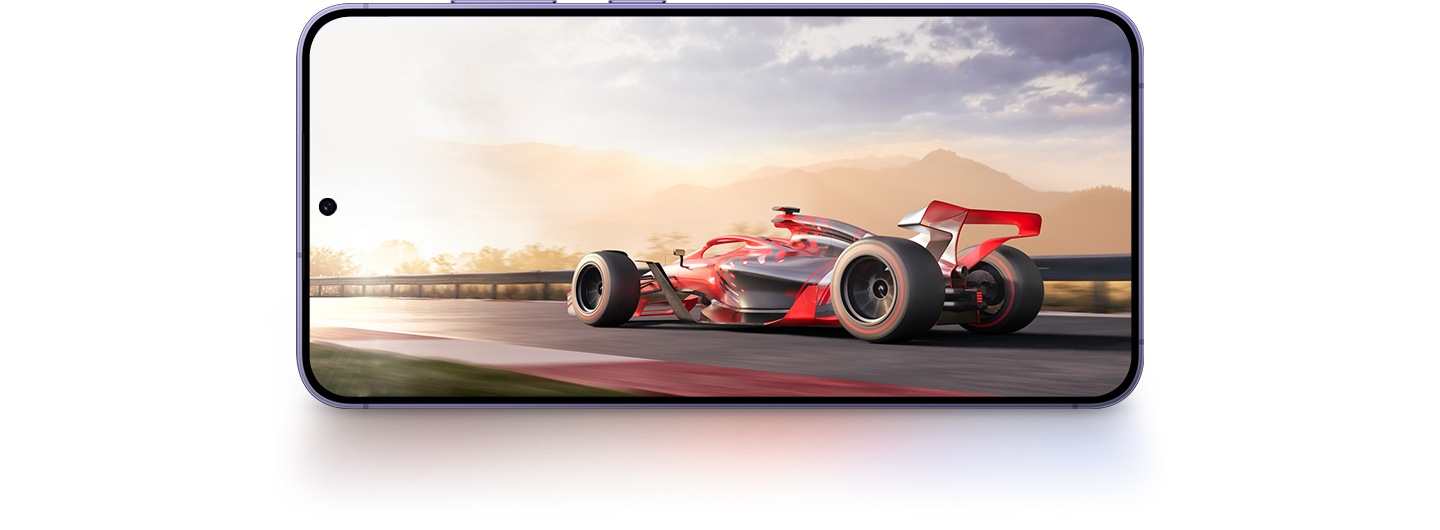 La pantalla del Galaxy S24 plus muestra una representación gráfica de un auto de carreras acelerando en una pista con detalles claros y coloridos.
