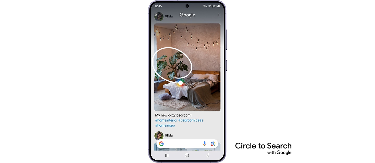 Se traza un círculo alrededor de una planta que se ve en una publicación de imagen en las redes sociales. Se muestra una barra de búsqueda de Google en la parte inferior de la pantalla. Círculo para Buscar con Google.