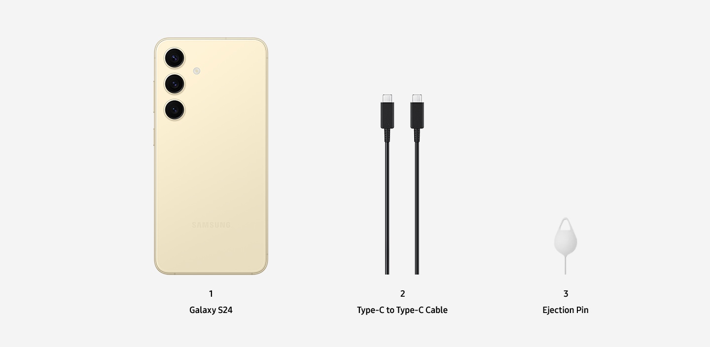 Incluye Galaxy S24, cable tipo C a tipo C y pin de expulsión.