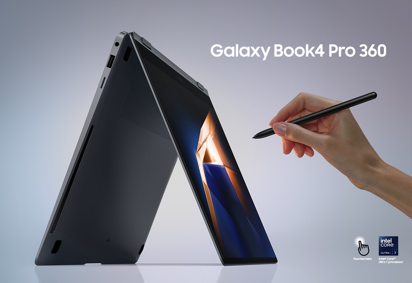 Galaxy Book4 Pro 360 in Platinum Silver is standing folded like a tent, facing right with a dark green and yellow wallpaper onscreen and a person holding S Pen pointed at the screen. Touchscreen icon shown.