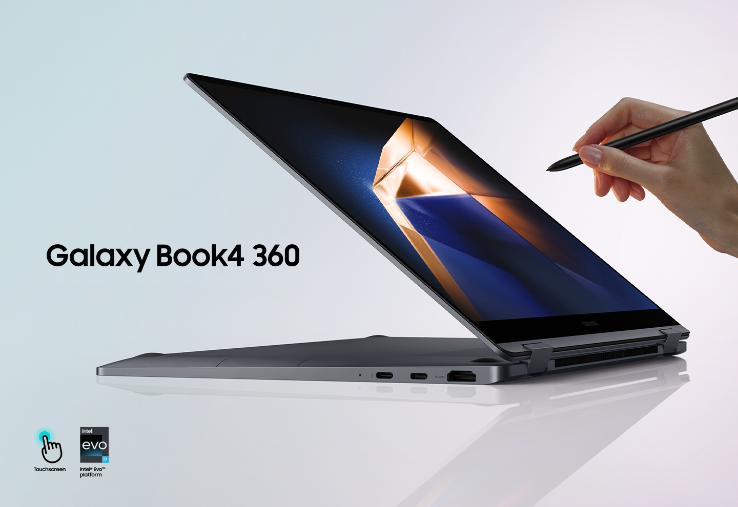 Galaxy Book4 360 in Silver is folded almost all the way back facing right with a dark green and yellow wallpaper onscreen and a person holding S Pen pointed at the screen Touchscreen icon is shown