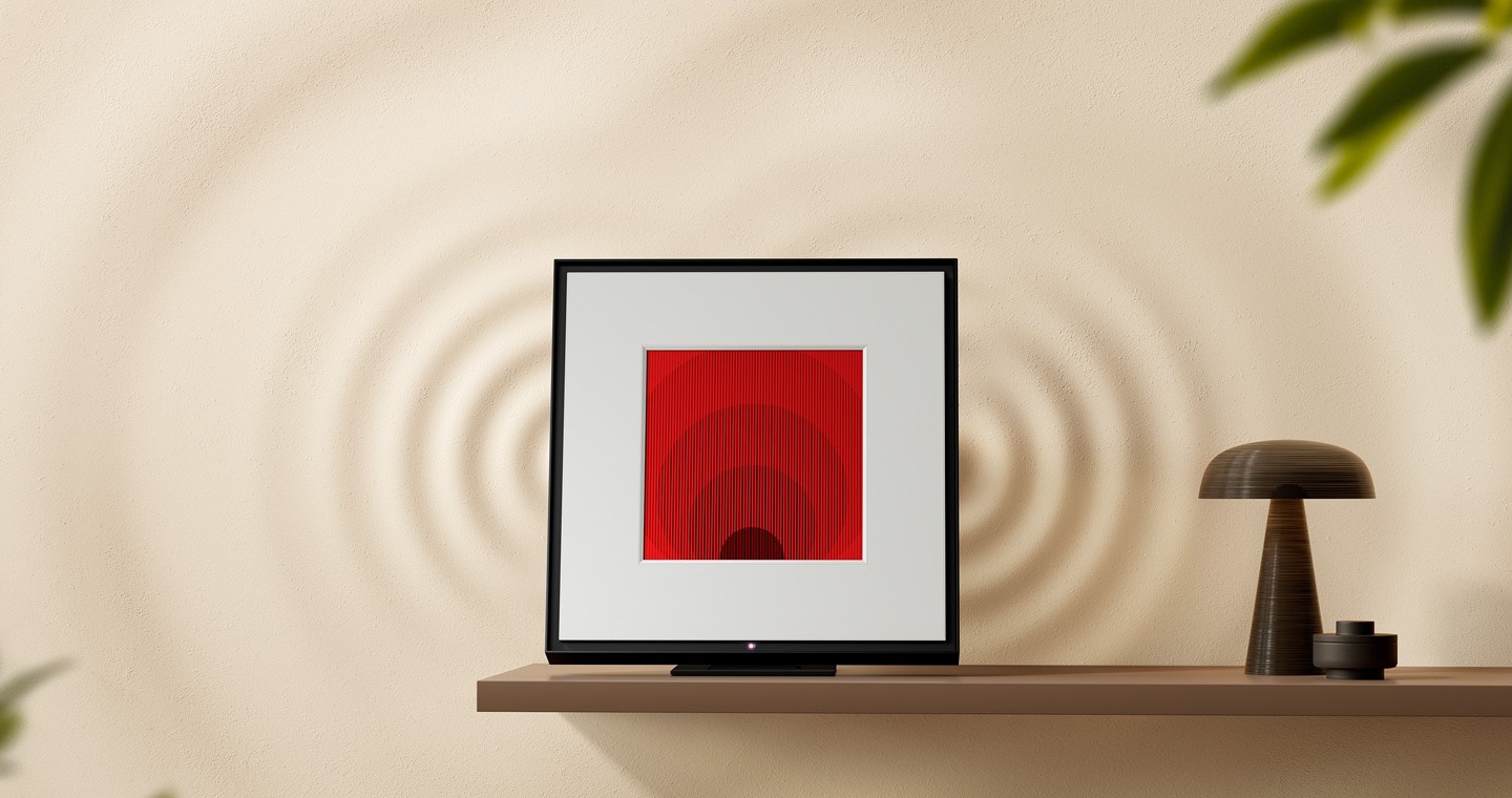 Set on a shelf, a Music Frame gives off vibrations of sound. Roon Tested logo.