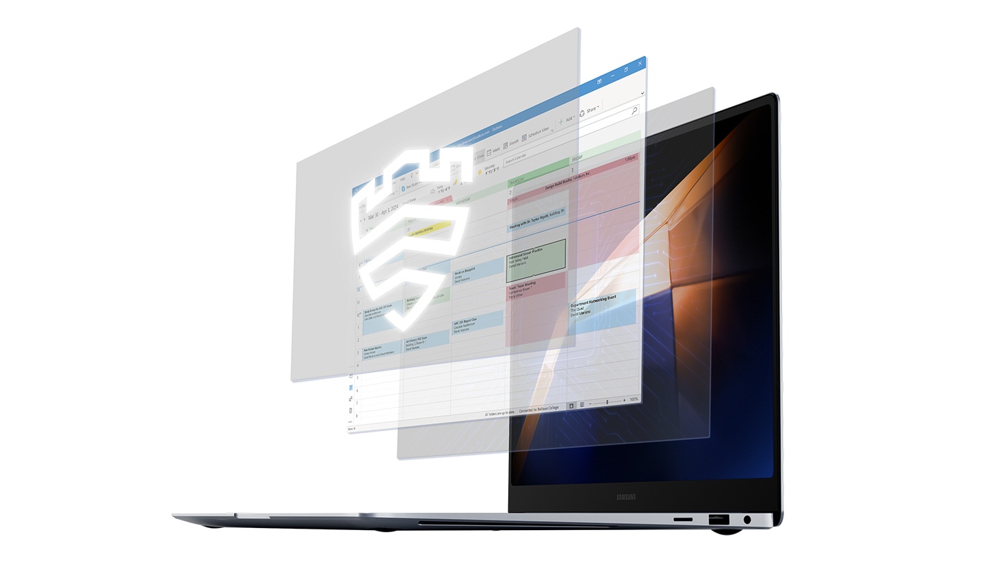 Galaxy Book4 Pro is open facing left with a dark wallpaper shown onscreen Microsoft Outlook Calendar app window and two other layers of onscreen windows are shown on top of the devices screen Samsung Knox logo shown in front