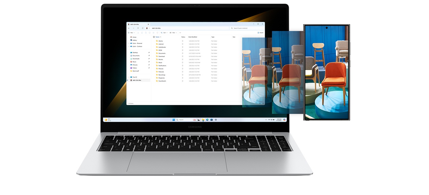 Galaxy Book4 Pro and Galaxy S24 Ultra placed next to each other A colorful image open in full screen on Galaxy S24 Ultra is being accessed along with other folders from Galaxy Book4 Pro using File Explorer