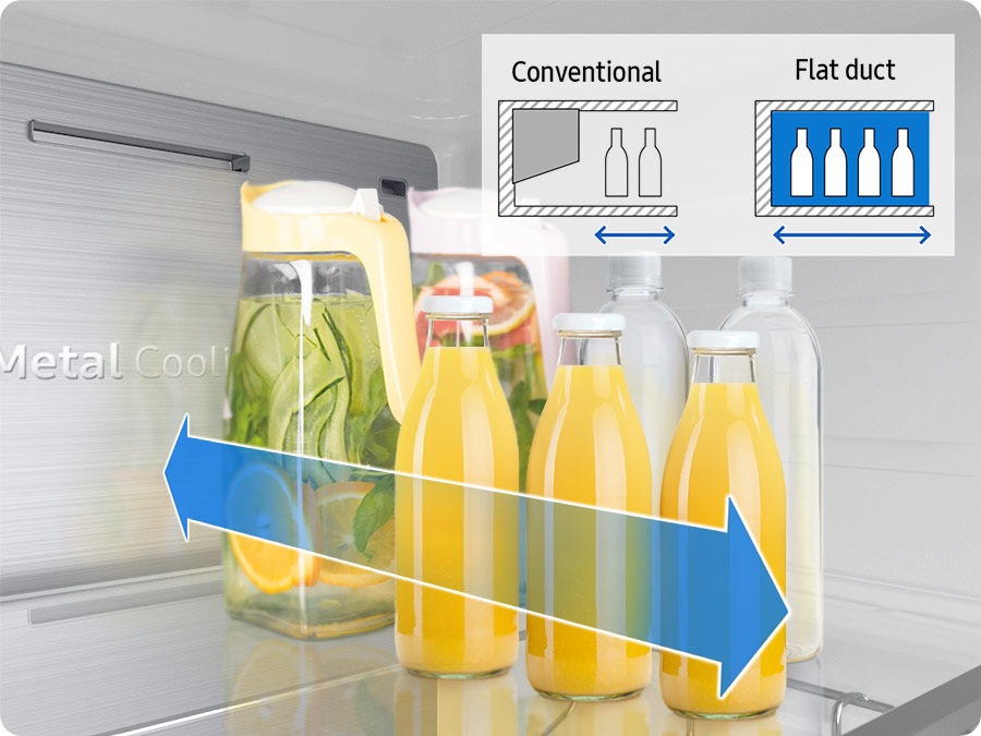 De nombreuses bouteilles de boissons sont placées à l'intérieur du large Flat Duct. Le Flat Duct peut contenir plus de bouteilles qu'un conduit conventionnel.