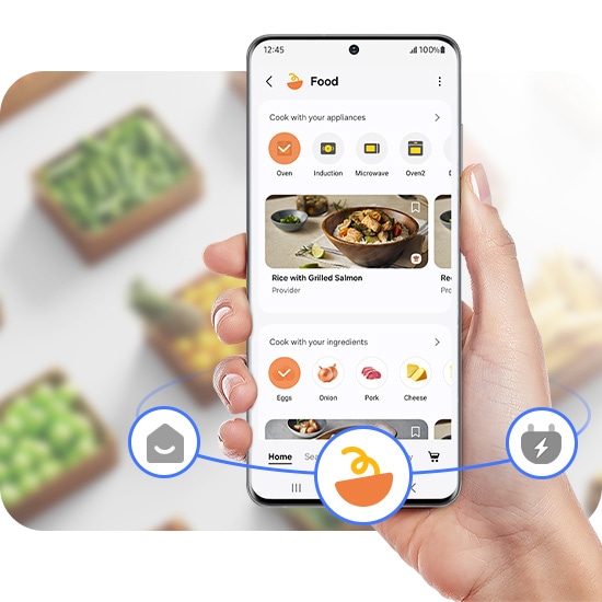 A person is using the SmartThings Mobile App for cooking.