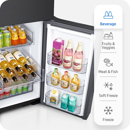 The CoolSelect+ has five modes: Beverages, Fruits & Veggies, Meat & Fish, Soft Freeze, and Freeze. Beverage mode is selected, the shelves filled with beverages.