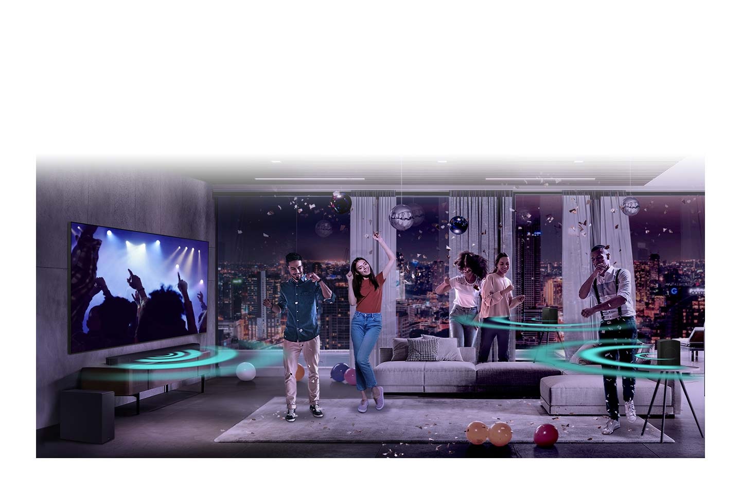 אנשים רוקדים בחדר מלא בגלי קול, המגיעים מ-Soundbar ורמקולים אחוריים המוצבים בקצוות מנוגדים של החדר.