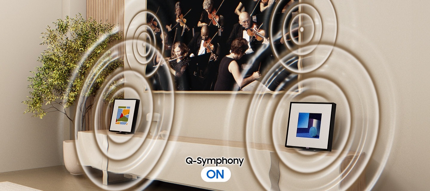 A TV displays a scene of a symphony playing music. Directly underneath, a TV stand has a Music Frame placed on either end, so the TV is flanked by two Music Frames. When Q-Symphony is OFF, both Music Frames let out ordinary vibrations of sound. When Q-Symphony is OFF, the two Music Frames and the TV simultaneously let out larger vibrations of sound, which seem to fill the entire space.