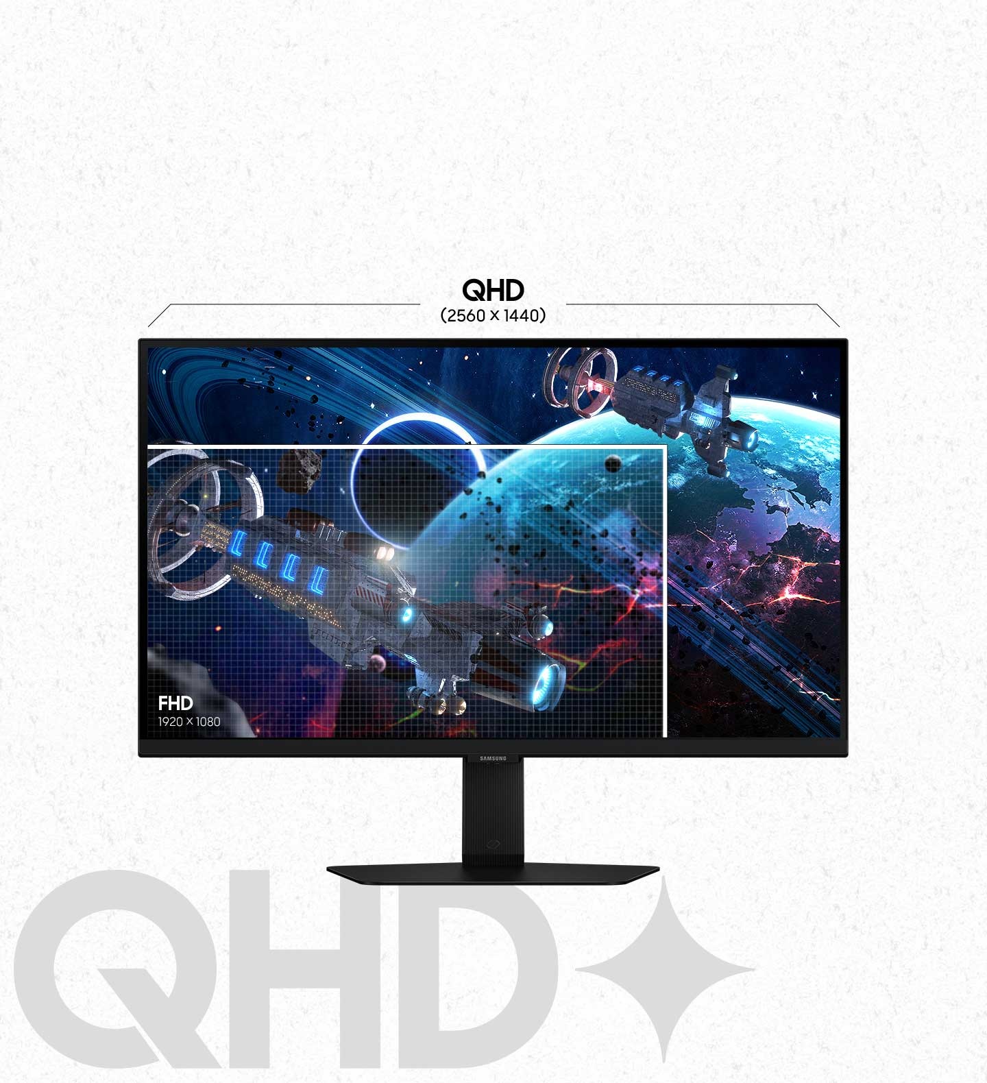 The monitor shows pixel density comparison between 1920x1080 pixel FHD high definition and 2560x1440 pixel QHD high definition by dividing the screen into two different regions. QHD high definition shows richer, more detailed ship and planetary surfaces. A text below the monitor communicates the specs: “QHD”