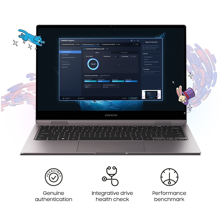 Samsung magician software is running on the PC screen. Below that, the three core functions 'Genuine authentication', 'Integrative drive Health check', and 'Performance benchmark' are indicated in text and icons.