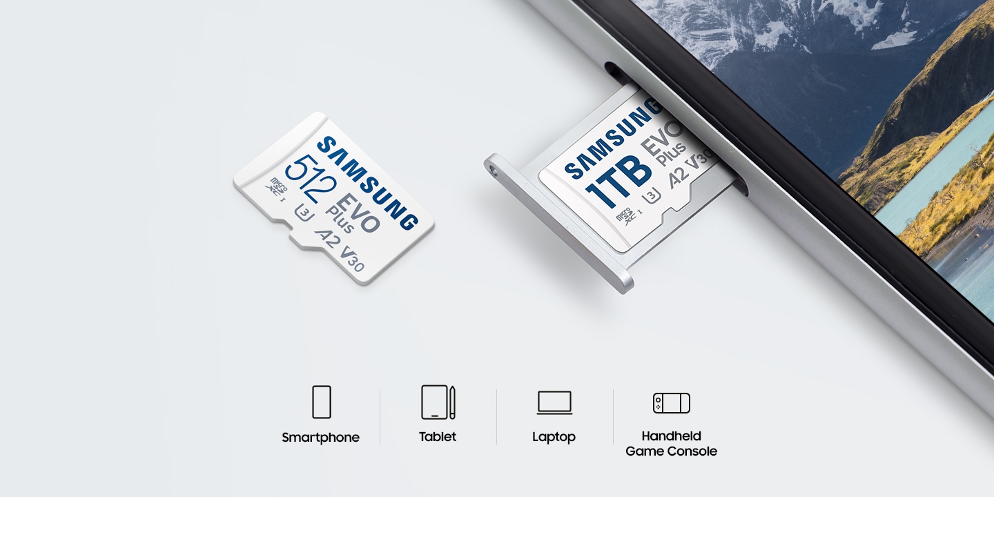 You can see the Samsung EVO Plus mounted on the tablet,
and one more is placed next to it.
Below it, it says "Smartphone",
"Tablet", "Laptop", and "Handheld
Game Console", and each icon is shown together.