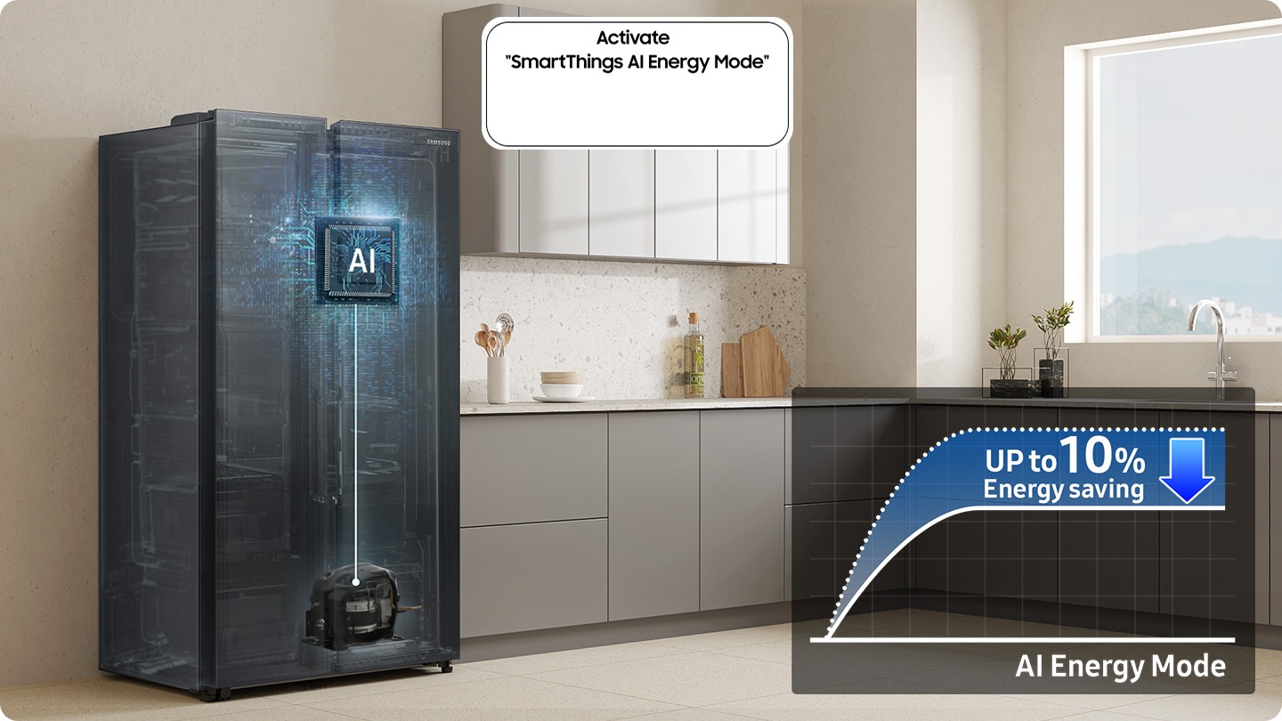 A konyhába beépített hűtőszekrény, amelyen a „SmartThings AI energia üzemmód aktiválása” gomb BE van kapcsolva. Az AI energia üzemmód be van kapcsolva, az AI aktiválva van a belső ellenőrzéshez és a kompresszor kezeléséhez, és egy grafikon mutatja az akár 10%-os energiamegtakarítást AI energia üzemmódban a normál üzemmódhoz képest.