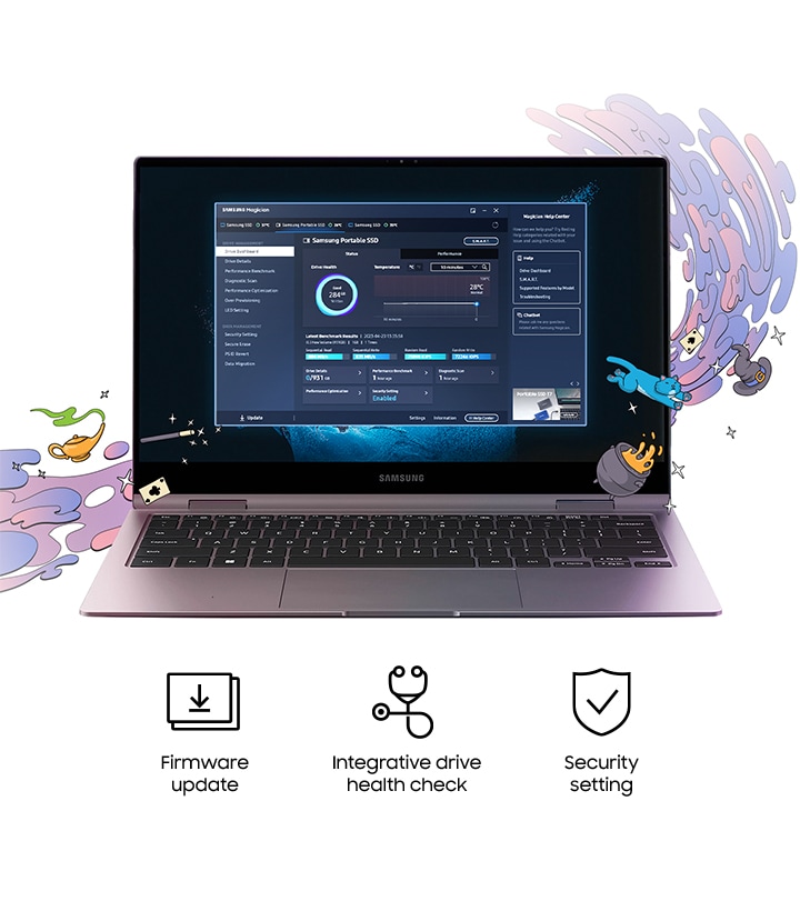 Samsung magician software is running on the PC screen.Below that, the three core functions 'Firmware update', 'Integrative dirve health check', and ''Security setting' are indicated in text and icons.