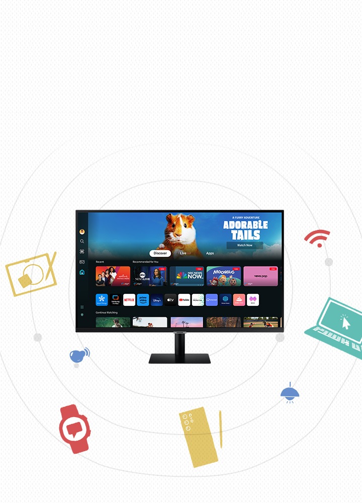 There is a smart monitor, and behind it, there are icons that represent devices that can be connected to the monitor demonstrating multi device experiences.