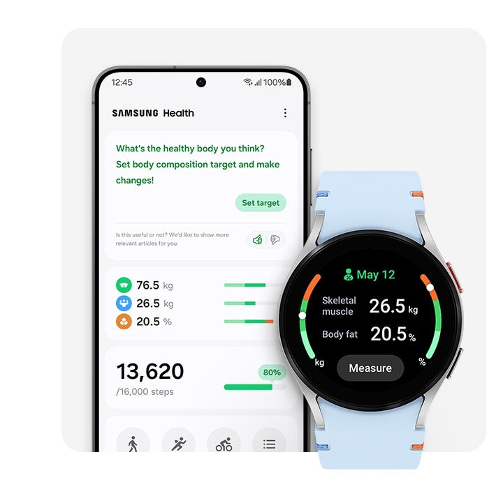 A silver Galaxy Watch FE is with a sky-blue stitch band is seen from the front. The watch face displays the time and the user's body composition results. At the center-bottom of the screen, there is a ‘Measure’ button. To the left of the Galaxy Watch, there is a Galaxy S24 displaying the interfaces of Samsung Health, including body composition results, target setting, total steps, and various supported exercise programs.