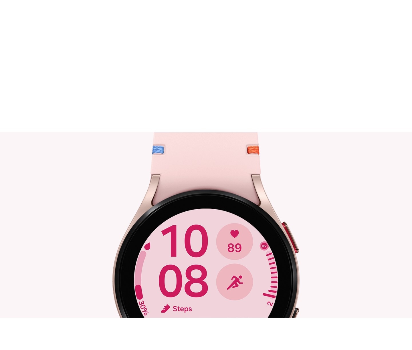 A Galaxy Watch FE is partially seen from the front. The color options change from pink gold to silver to black, with the stitch band switching according to each color change. A pink stitch band for the pink gold Galaxy Watch FE. A sky-blue stitch band for the silver Galaxy Watch FE. A black stitch band for the black Galaxy Watch FE. The watch face displays the time, heart rate, total steps, and the current exercise in an identical manner.