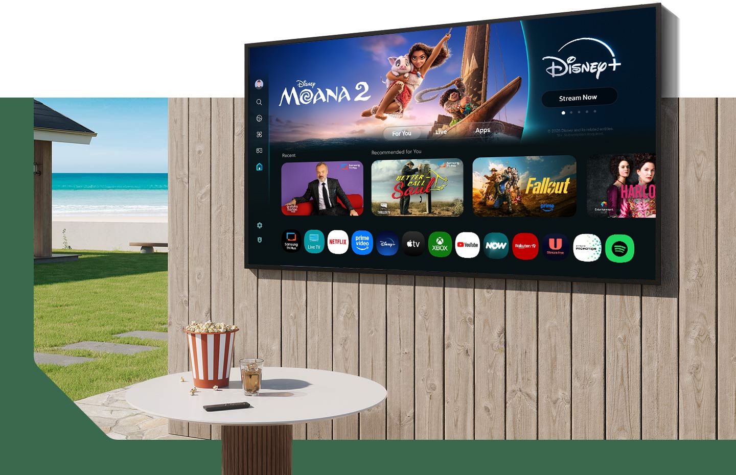 Настінний зовнішній монітор Terrace відображає головний екран вашого Samsung Smart TV і різноманітний доступний вміст.