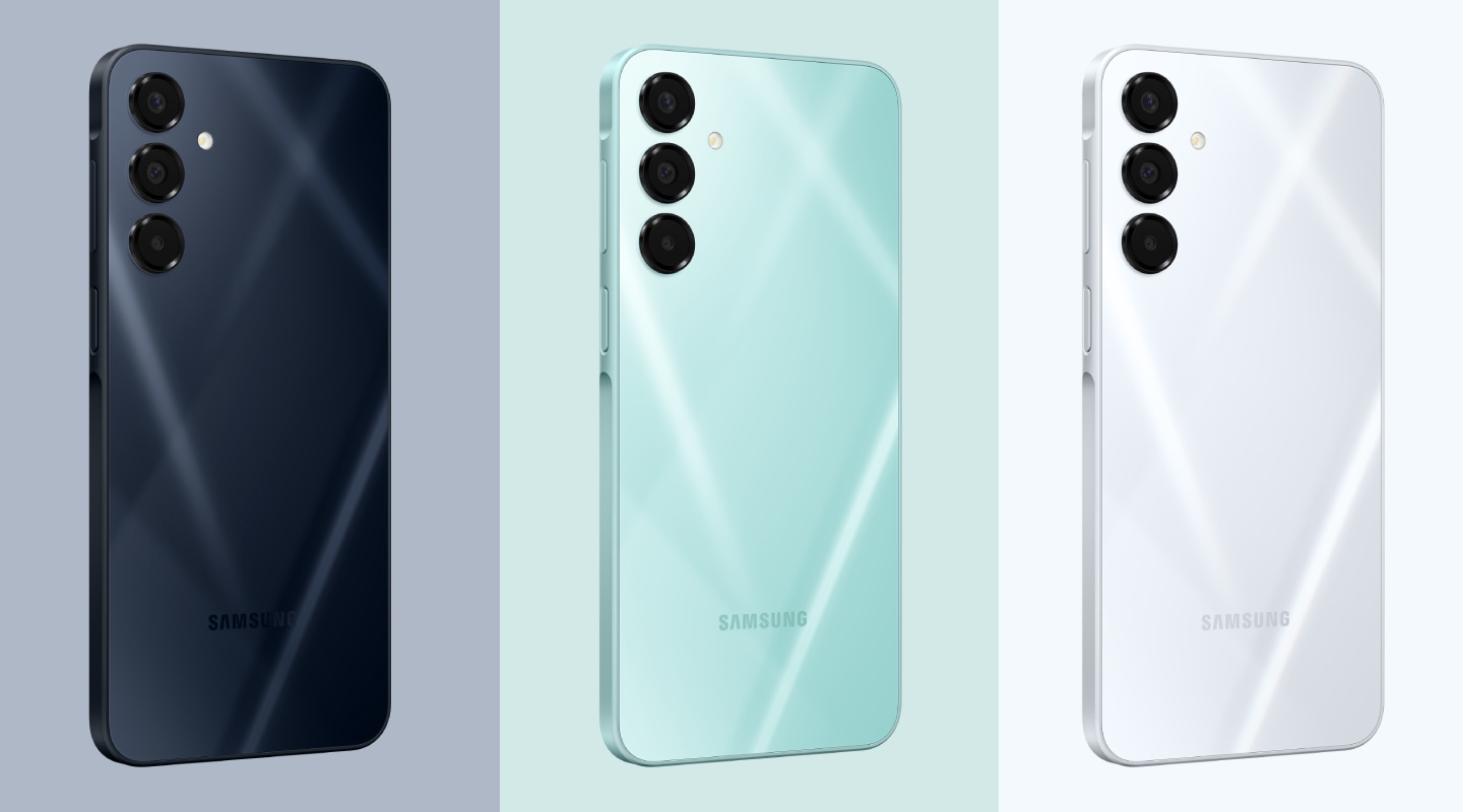 Five Galaxy A16 5G devices are shown. One is facing sideways with a caption reading 7.9mm, highlighting its slim profile. The other four in Blue Black, Light Green, Gold, and Light Gray are viewed from the back.