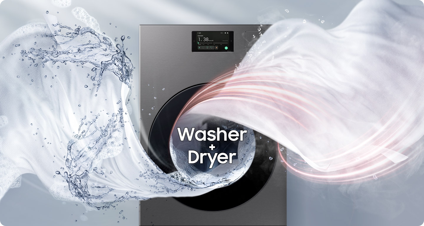 Big swirls of water and light beams come from a washer-dryer Laundry Combo, indicating powerful and fast washing and drying.