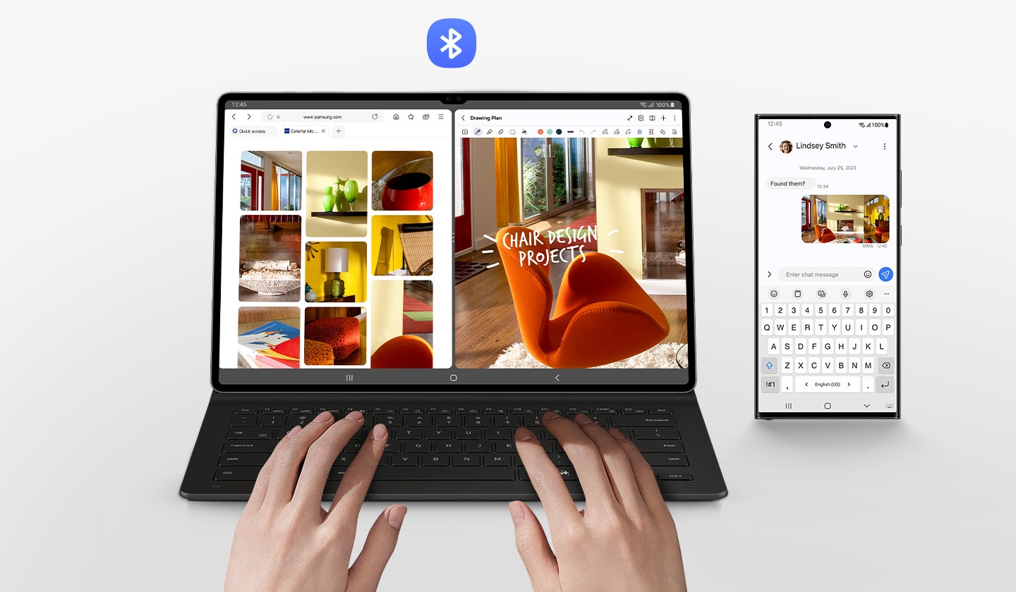 A person is using Galaxy Tab S10 Ultra with the Book Cover Keyboard Slim. Its screen is divided into two windows with several image results of home furniture on the web, and one of the images being edited. A Galaxy smartphone with the image on the screen while letters are being typed with the cover's keyboard. Bluetooth logo is shown.