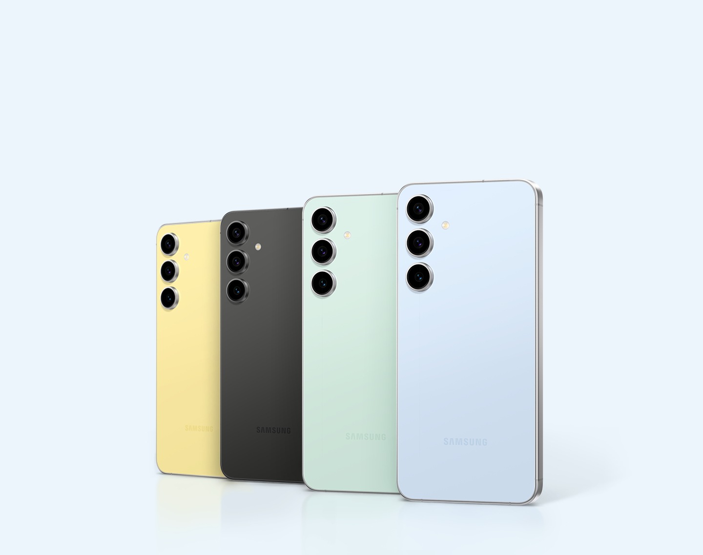 Five Galaxy S24 FE devices in Yellow, Graphite, Mint and Blue are standing upright from the rear. The devices are seen from the rear overlapping on top of each other.