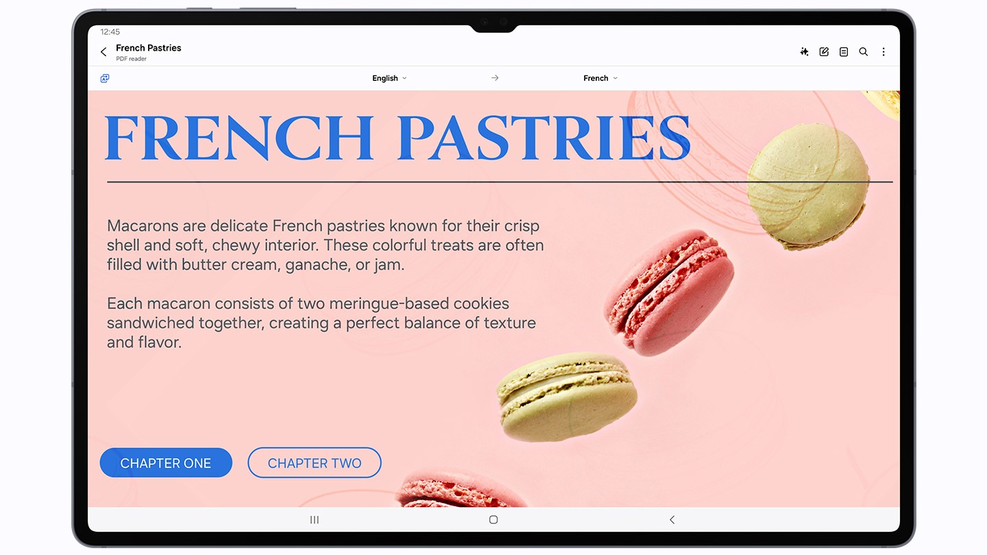 A PDF page titled French pastries, detailing information on macarons in English, is displayed over a background of colorful macarons.