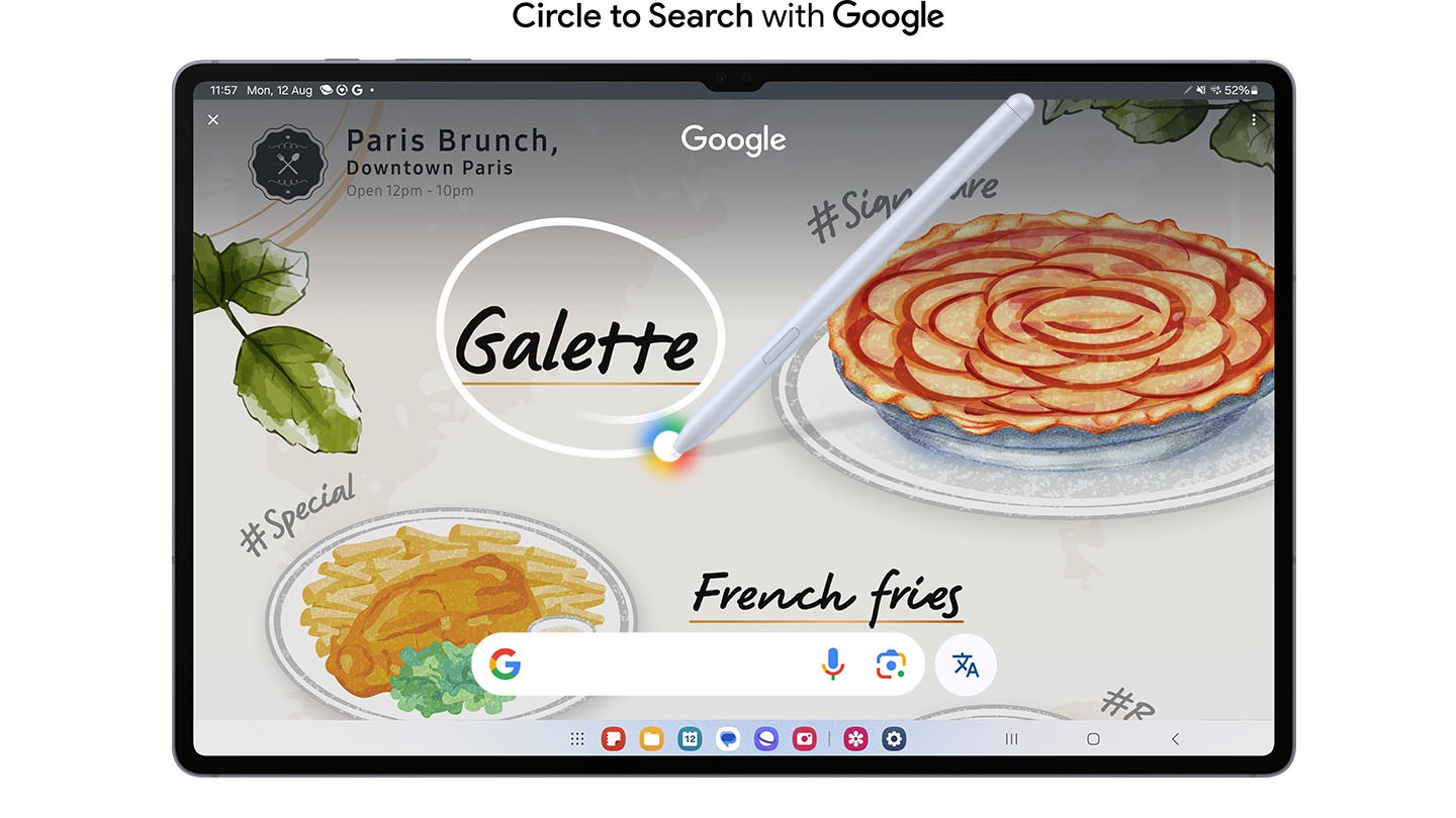 A tablet screen shows an internet page with drawings of different types of dishes. An S Pen circles the handwritten word Galette on the screen. Text reads Circle to Search with Google.