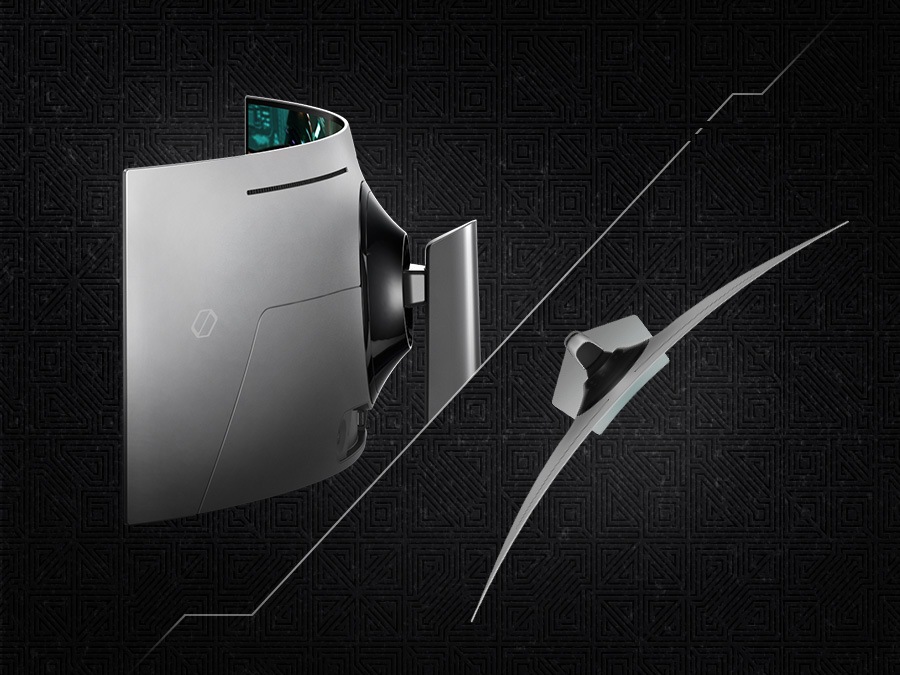 There are two Odyssey OLED G9 monitors. One is showing its side, highlighting the Slim Metail Design. Another is showing the top of the monitor to highlight the slimness.