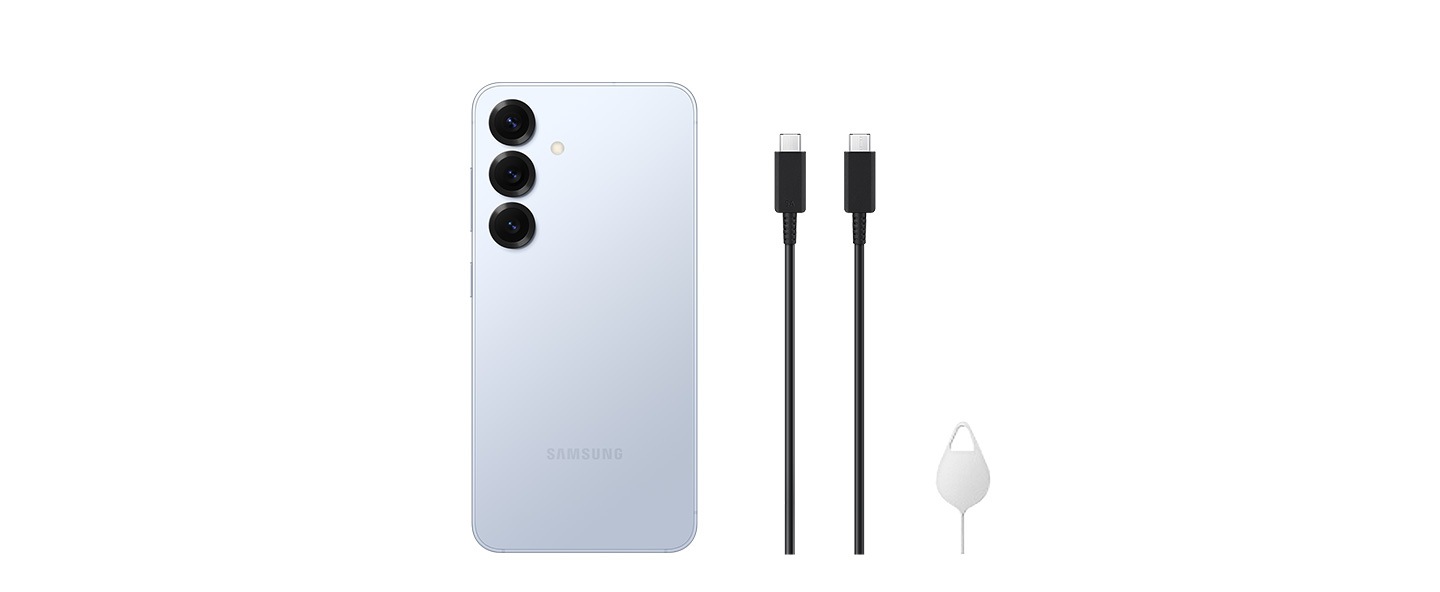 Incluye tres artículos: 1. Galaxy S25 en color azul hielo. 2. Cable USB tipo C a USB tipo C. 3. Pin de expulsión. Se enumeran en orden de importancia.
