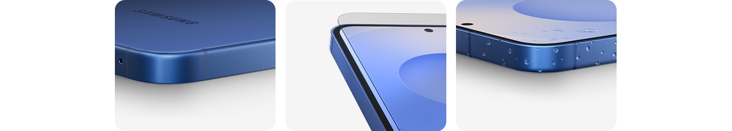 Se observa un primer plano de la esquina del Galaxy S25 Plus y su marco de aluminio. A continuación, se muestra otro primer plano de la esquina del Galaxy S25 Plus. Una lámina de cristal flota sobre la pantalla principal. Finalmente, se observa un primer plano de la esquina del Galaxy S25 Plus con gotas de agua en el marco de aluminio.
