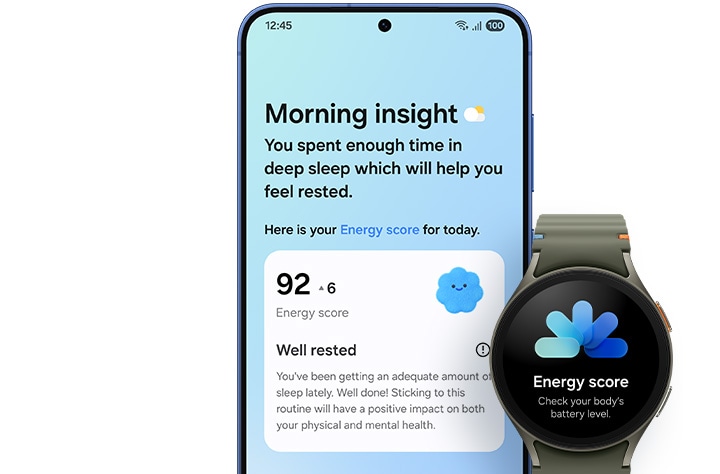 Se ve el Galaxy S25 en la pantalla principal. Ahora Brief está activo. Morning Insight muestra la puntuación de energía del día, que también se ha sincronizado con el Galaxy Watch.
