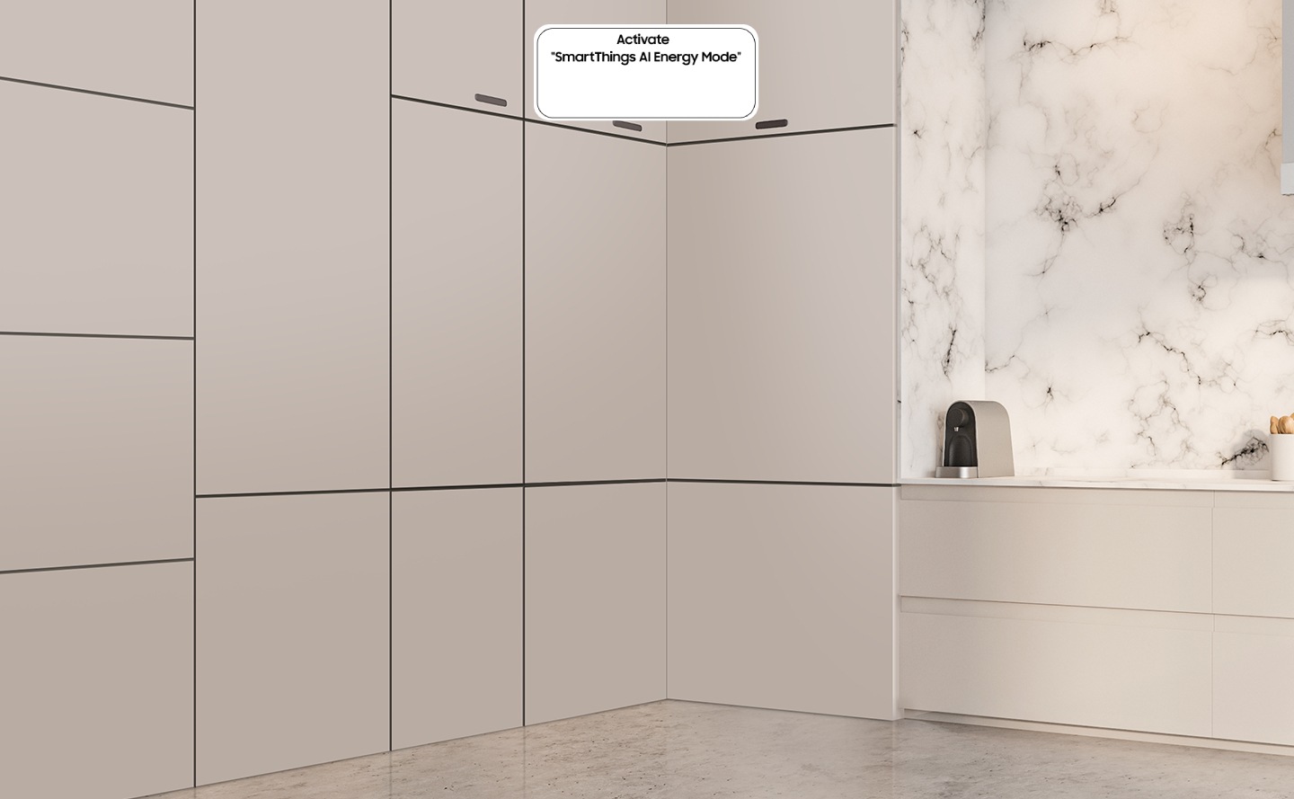 BRB80F MONO, konyhába szerelve, a „SmartThings AI energiatakarékos mód” aktiválása gomb kikapcsolt állapotban van.