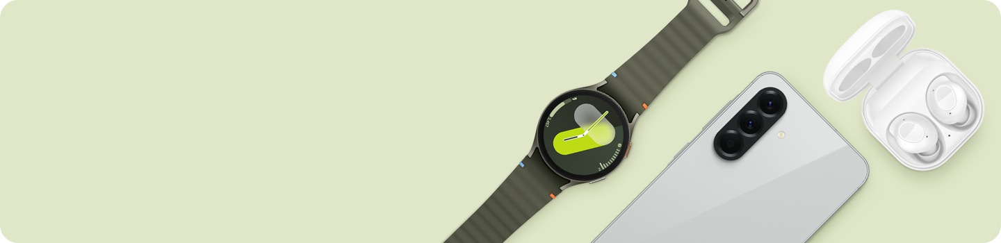 Galaxy Watch7 facing the front. Galaxy A56 5G in rear view. Galaxy Buds FE case open, showing the earbuds in their place.