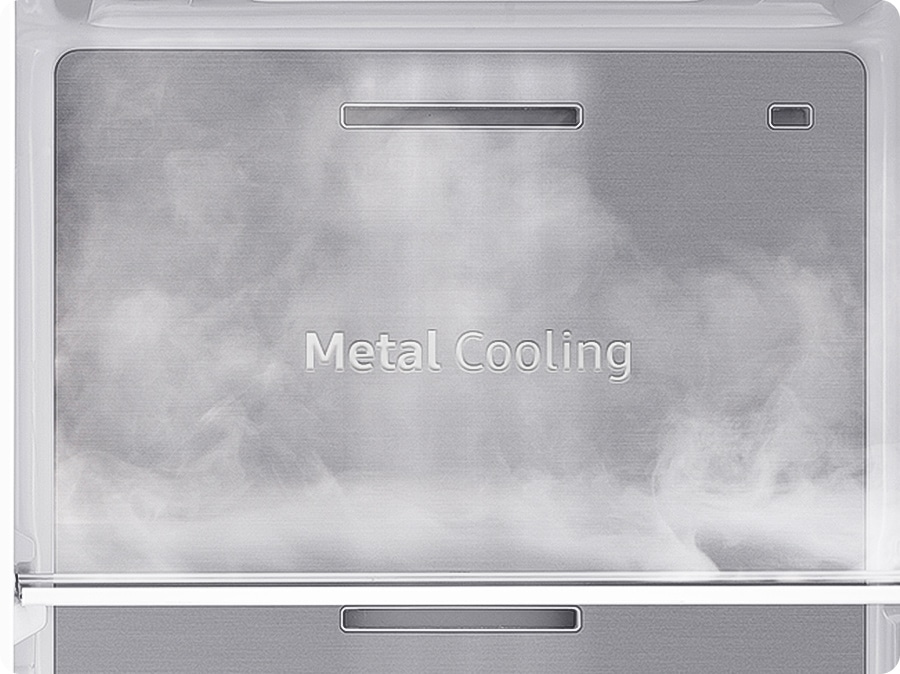The Metal Cooling plates inside the refrigerator look extremely cold and the cold air flows around.