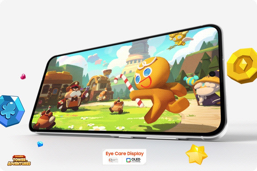 Galaxy A56 5G placed horizontally. CookieRun: Tower of Adventures turns on. Game items pop out of the screen. Text Eye Care Display, SGS performance mark and OLED technology logo are at the bottom. CookieRun: Tower of Adventures logo is at the bottom.