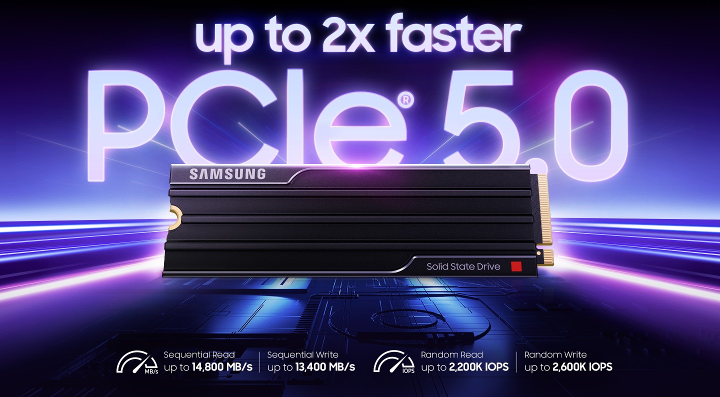 На материнской плате 9100 PRO с радиатором указано «до 2 раз быстрее», «PCIe® 5.0». Ниже приведена информация о скорости последовательного чтения до 14 800 МБ/с, скорости последовательной записи до 13 400 МБ/с (значки указывают на скорость последовательного чтения) и скорости произвольного чтения до 2200 тыс. IOPS, скорости произвольной записи до 2600 тыс. IOPS (значки указывают на скорость произвольного чтения).