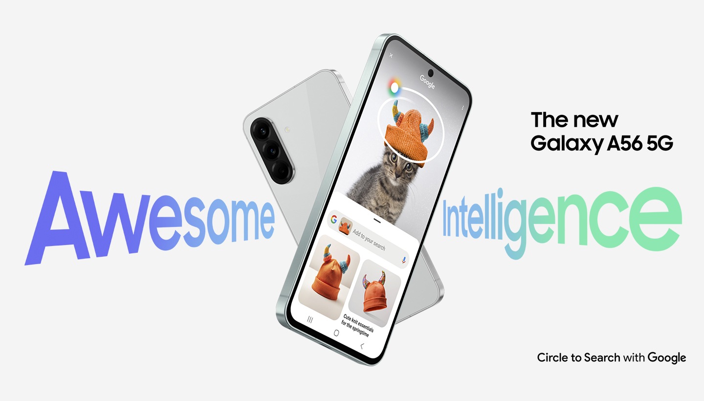 Dos dispositivos Galaxy A56 5G en forma de X. El de la parte trasera se ve desde atrás. El de la parte delantera tiene la función "Circular para buscar" en pantalla. Se puede ver el texto "Inteligencia Asombrosa" y el nuevo Galaxy A56 5G. El texto "Circular para buscar con Google" se encuentra en la parte inferior derecha.
